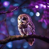 AI generated tawny owl on a tree branch in purple moonlight photo