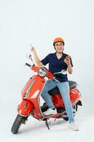 full body photo of a man wearing a hairdresser and driving a motorbike