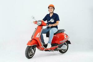 full body photo of a man wearing a hairdresser and driving a motorbike