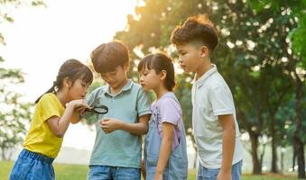 image of asian kids using magnifying glass in park photo