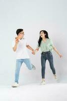 a couple posing on a white background photo