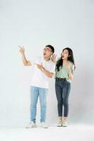 a couple posing on a white background photo