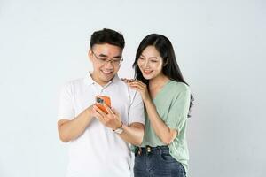 a couple posing on a white background photo