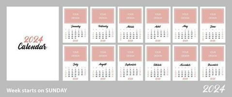 Calendar template for 2024. Vertical layout for your design. Size A4, A3, A5. Set of 12 months and cover vector