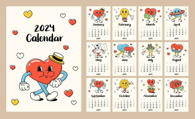 Calendar template for 2024. Vertical cartoon layout. Retro hearts and characters.  A set of 12 months and a cover. Size A4, A3, A5.