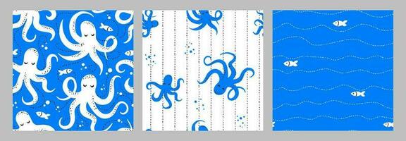 A set of seamless marine patterns with octopuses. Children's design for fabric, paper, packaging, clothing vector