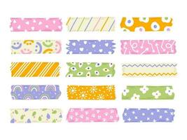 Trendy set of cute colorful washi duct tape isolated on a white background. Vector stripes and pieces of duct paper with different funny print. Bright colors