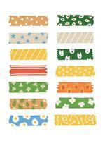 Trendy set of cute colorful washi duct tape isolated on a white background. Vector stripes and pieces of duct paper with different funny print. Bright colors