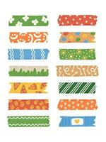 Trendy set of cute colorful washi duct tape isolated on a white background. Vector stripes and pieces of duct paper with different funny print. Bright colors