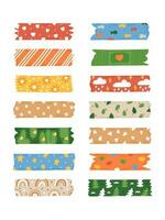 Trendy set of cute colorful washi duct tape isolated on a white background. Vector stripes and pieces of duct paper with different funny print. Bright colors