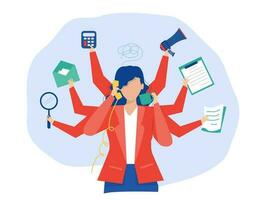 Multitasking woman concept Busy businesswoman multitask activities with many hands at the office Overworked Workaholic Time management  several objects concept illustration vector