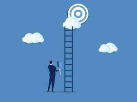 Ambitious businessman hold dart aim high at target on the cloud. Dream big aim high, ambition and challenge to success in business, motivation to achieve big goal , career development concept. vector