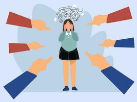 Depressed sad woman standing as victim flat vector illustration. Surrounded girl and fingers pointing at her. Conviction, indictment and social denunciation concept. vector illustration.