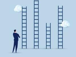 businessman thinking to choose the right ladder. Choosing success ladder, difference career path, opportunity or various choices, challenge to choose best option. vector illustration.