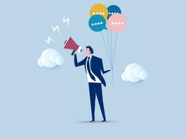 businessman holding speech bubble balloons while talking on megaphone. Communication or PR, Public Relations manager to communicate company information and media, announce sales or promotion concept. vector