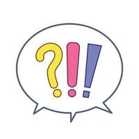 Colored yellow question and blue pink exclamation marks in speech bubble. Opinion themed vector icon illustration isolated on square white background. Simple flat outlined cartoon drawing style.