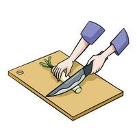 Colored Two hands with holding and cutting carrot or daikon with knife on cutting board vector illustration isolated on square white template. Simple flat cartoon outlined drawing art style.