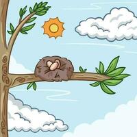 Bird nest on tree branch with blue sky, clouds, and sun decoration on the background vector illustration isolated on square. Simple flat cartoon drawing  with outlined art style.