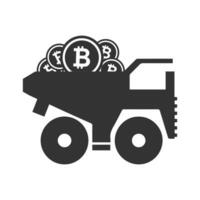 Vector illustration of bitcoin mining truck icon in dark color and white background