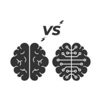 Vector illustration of human brain vs robot brain icon in dark color and white background