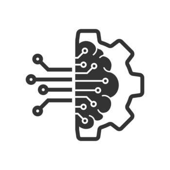 Vector illustration of brain robot cog icon in dark color and white background