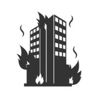 Vector illustration of burning building icon in dark color and white background