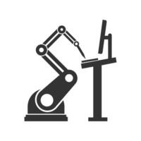 Vector illustration of robots operate computers icon in dark color and white background