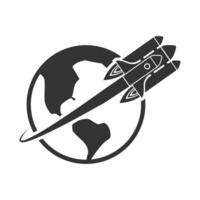 Vector illustration of rocket flying from earth icon in dark color and white background