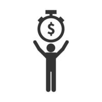 Vector illustration of person holding up money clock icon in dark color and white background