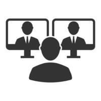 Vector illustration of meeting via computer icon in dark color and white background