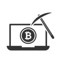 Vector illustration of mining bitcoins on laptop icon in dark color and white background