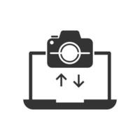 Vector illustration of Transfer photos to laptop icon in dark color and white background