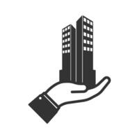 Vector illustration of building icon in dark color and white background