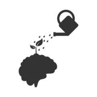 Vector illustration of watering the brain plant icon in dark color and white background