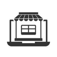 Vector illustration of laptop shop icon in dark color and white background