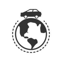 Vector illustration of car around the earth icon in dark color and white background