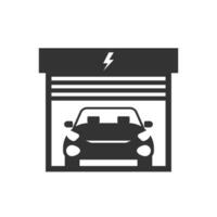 Vector illustration of electric car garage icon in dark color and white background