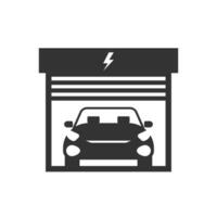 Vector illustration of electric car garage icon in dark color and white background