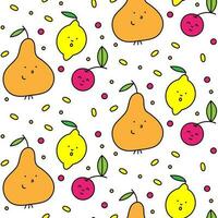 Colored vector pattern of their lemon, pear and cherry on a white background