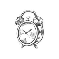 Vector hand-drawn Illustration. Detailed retro style old alarm clock sketch. Vintage sketch element. Back to School.