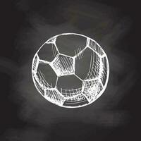 Vector hand-drawn sport Illustration. Detailed retro style soccer ball sketch on chalkboard background. Vintage sketch element. Back to School.