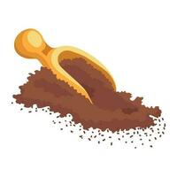 Ground cocoa, wooden spoon of cocoa powder. Vector illustration.