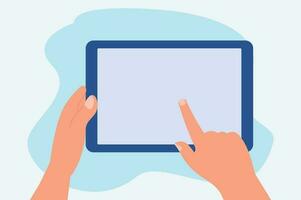 Finger touching blank screen of tablet computer. flat design vector