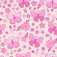 Seamless pattern with butterflies and flowers in trendy pink colours. Vector graphics.