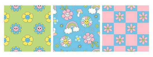 Collection of seamless patterns with cute smiling flowers. Vector graphics.