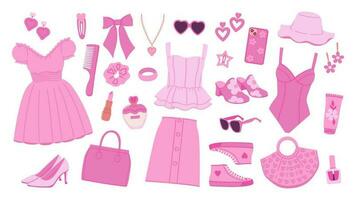 A collection of accessories and clothing in a trendy pink color scheme. Vector graphics.