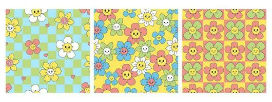 Collection of seamless patterns with cute smiling flowers. Vector graphics.