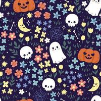 Seamless pattern with flowers, pumpkins, skulls and ghosts. Vector graphics.