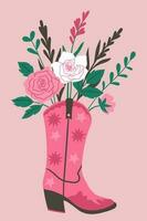 Postcard flowers in a trendy cowgirl boot . Vector graphics.