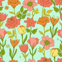 Seamless pattern with various cute flowers. Vector graphics.